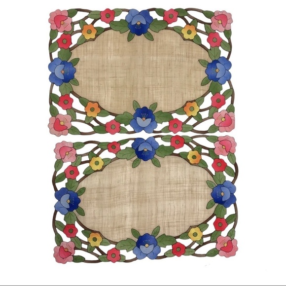 Vintage 9 PC Set Floral Hand Embroidered Scalloped Linen Table Runner Place Mats - Picture 4 of 16